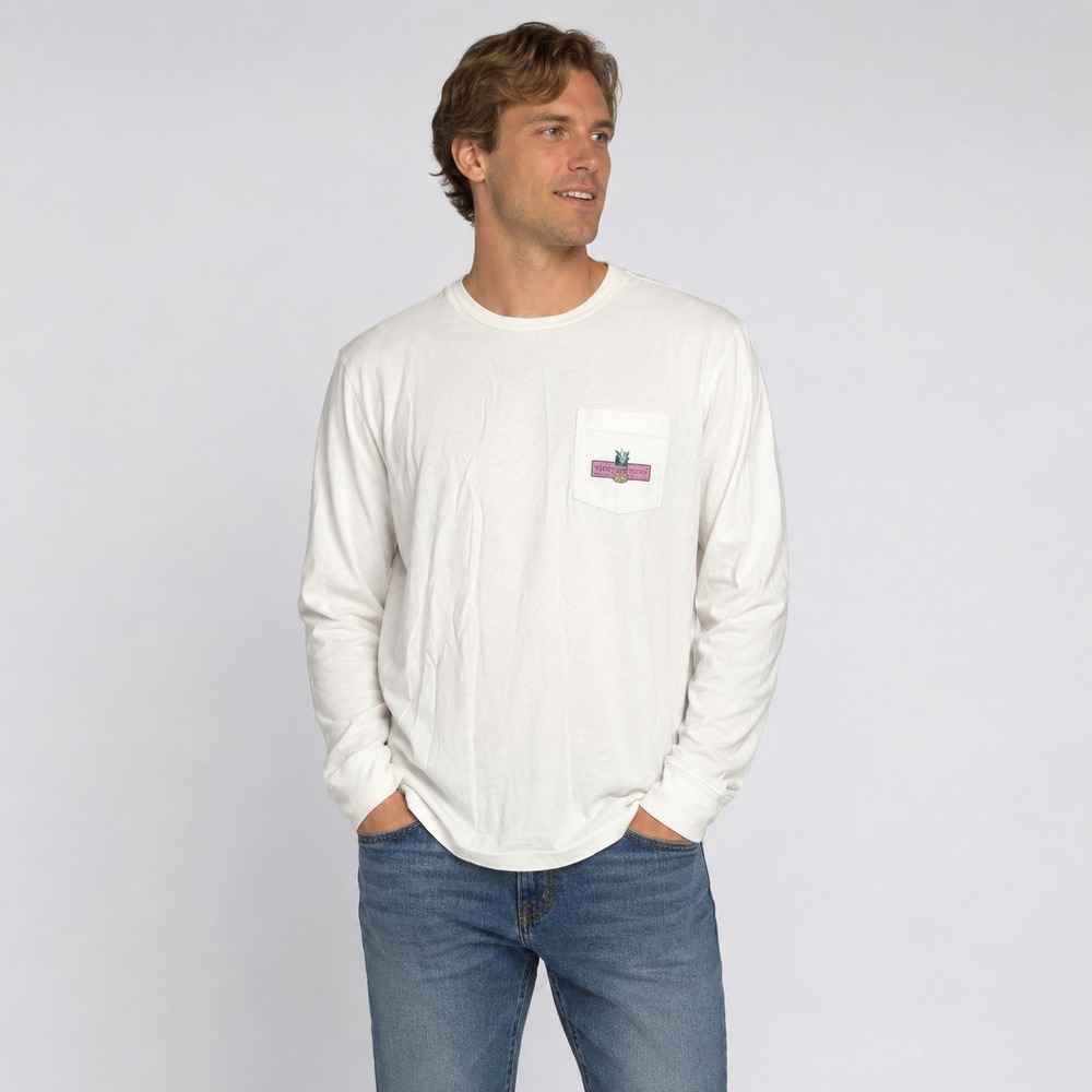 Vineyard Vines Long Sleeve T Shirt Mens Medium White Graphic Pocket Coastal Prep